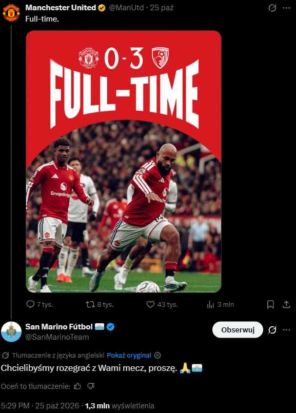 HITOWA ODPOWIEDŹ fanowskiego konta San Marino na KOLEJNĄ PORAŻKĘ Manchesteru United xD